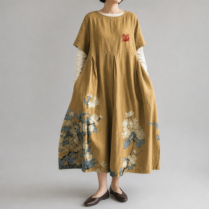 アカリ｜山吹色の花柄ワイドワンピース